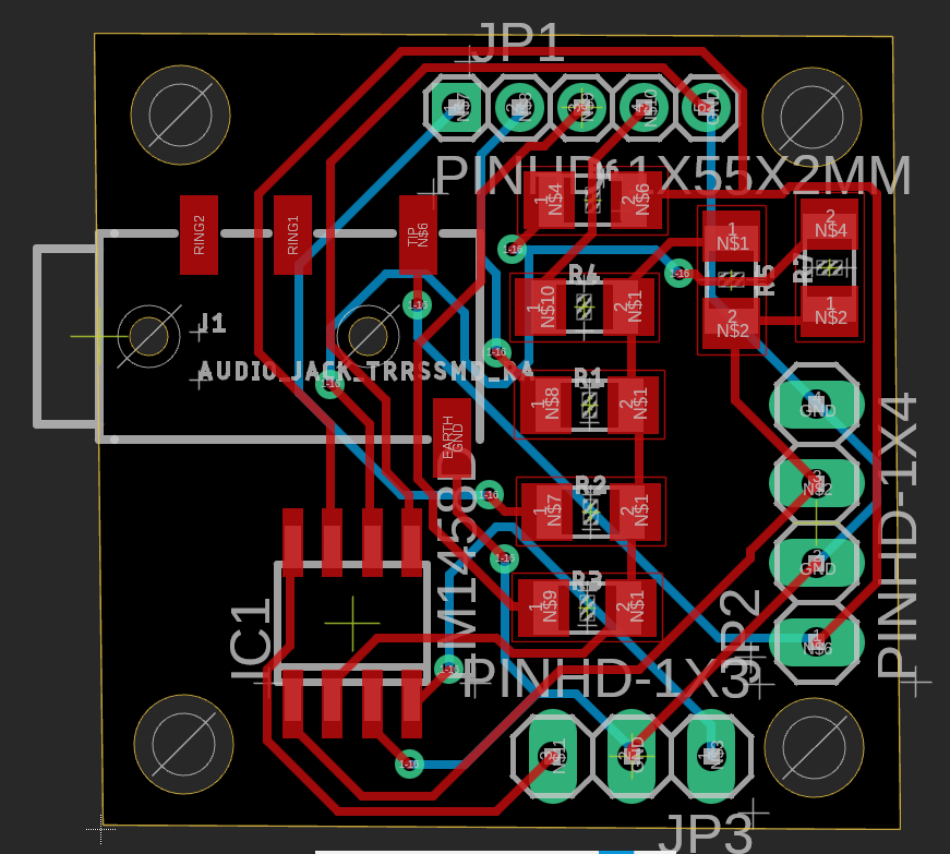 Two-layer PCB layout of a 4-bit DAC on a one-inch board, with red top-layer and blue bottom-layer traces.