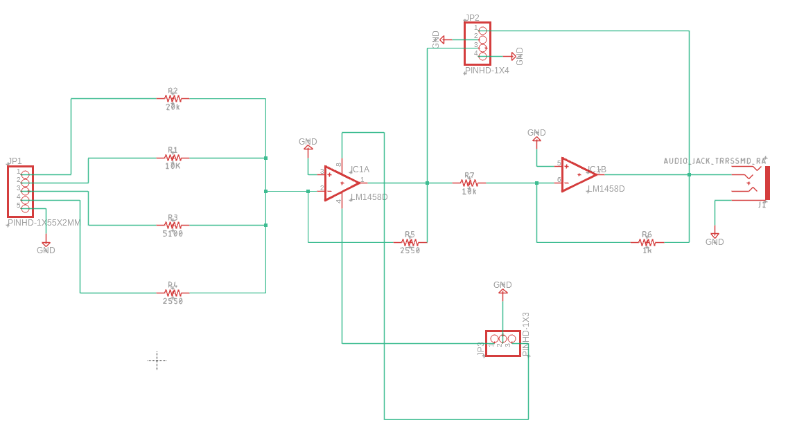 Fusion 360 schematic of the 4-bit DAC: a five-pin input header feeding four weighted resistors into the first LM1458 op amp as an inverting summer, a second inverting stage with 10k and 1k resistors, a three-pin power header, a four-pin output header, and a right-angle audio jack on the output.