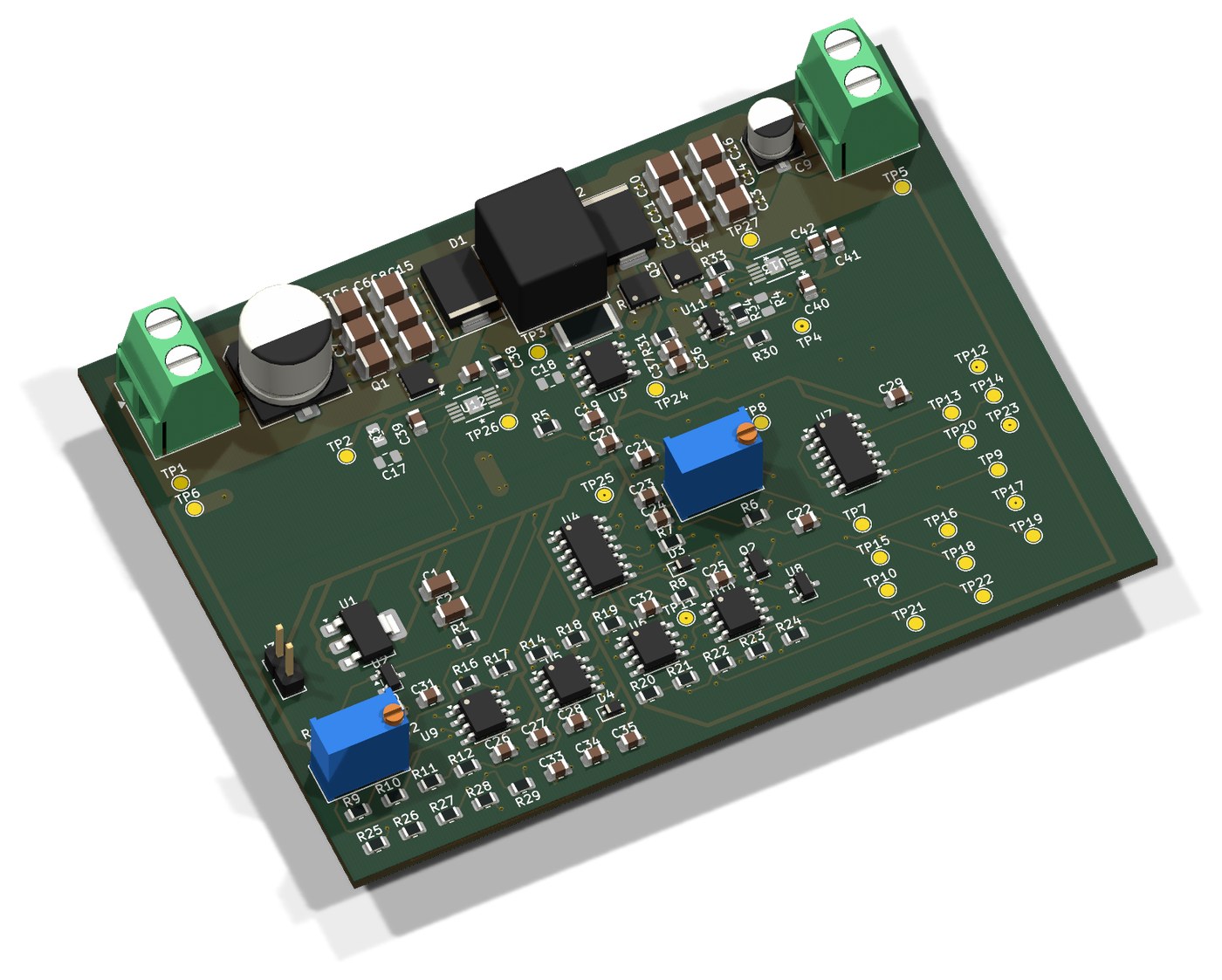Three-dimensional render of a green four-layer power converter board with screw terminals, a large shielded inductor, dense surface-mount control circuitry, and rows of yellow test points.