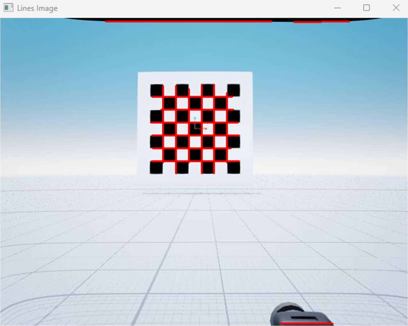 Simulated street view with a checkerboard calibration target, detected grid lines drawn in red and the recovered coordinate axes at the target centre.