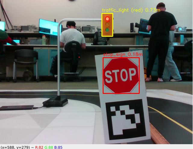 Camera view of a lab track with a stop sign and traffic light, each outlined by a detection box labelled with its class and estimated distance.
