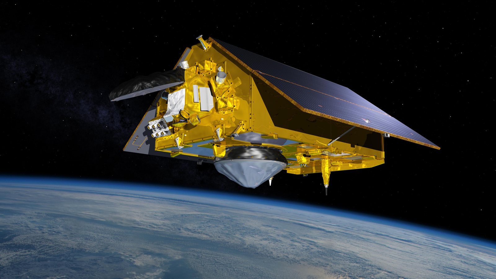 The Sentinel-6 Michael Freilich satellite in orbit above Earth, its gold thermal blanketing and deployed solar array catching sunlight against the black of space.